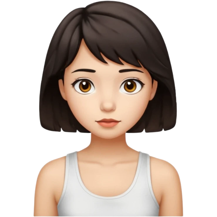 A pretty girl with dark brown eyes and short wavy dark hair with short side bangs and a neutral expression, with chinita skin and a white tank top(not sleeveless)emoji emoji