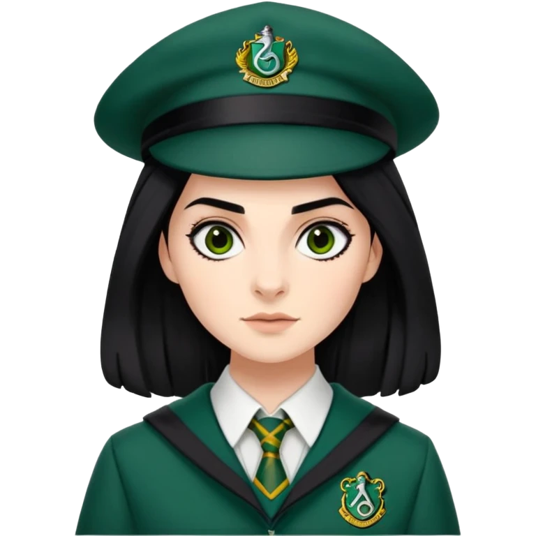 genevieve gaunt is Pansy Parkinson in harry potter, wear hogwarts slytherin uniform, black hair, not wearing hat emoji