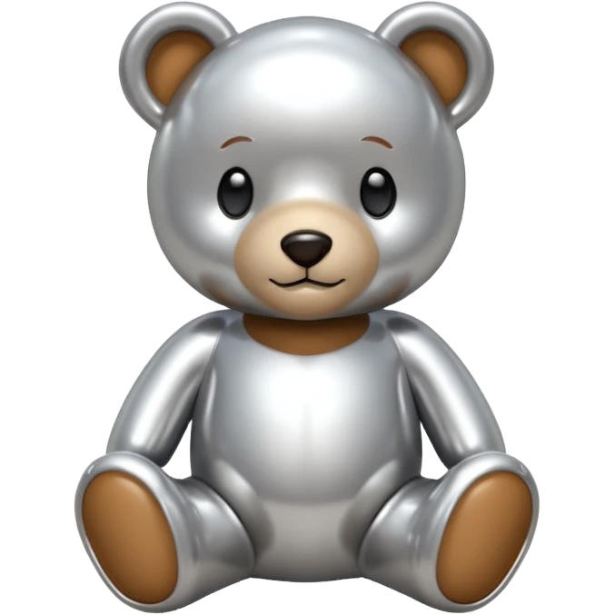 A cute teddy bear emoji made of liquid silver chrome, smooth rounded body, glossy metallic surface, soft reflections, friendly proportions, iOS emoji style, centered, clean white background emoji