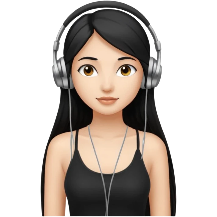 a fair INDIAN girl with straight black long hair, wearing a black cami top. and wearing silver  headphones on emoji