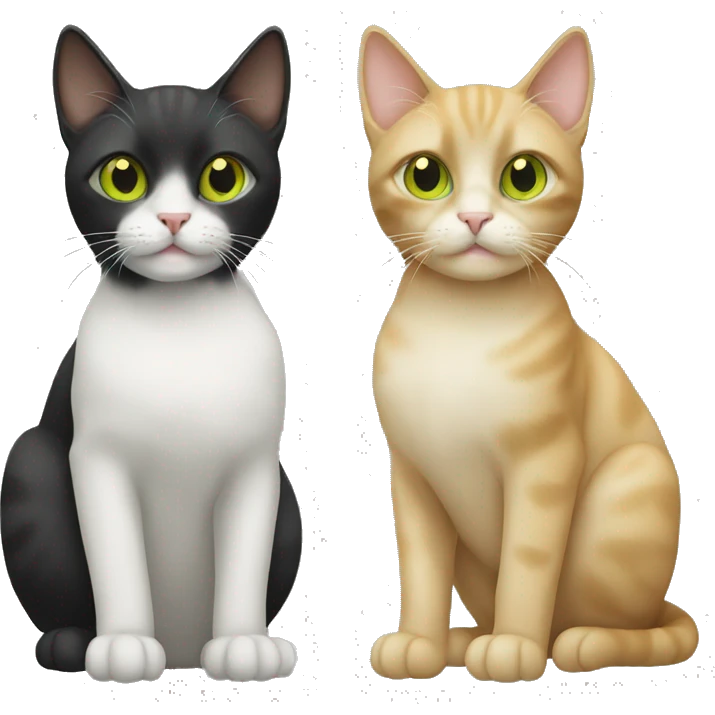 two cats. the first is beige with yellow eyes, the second is black with light green eyes emoji