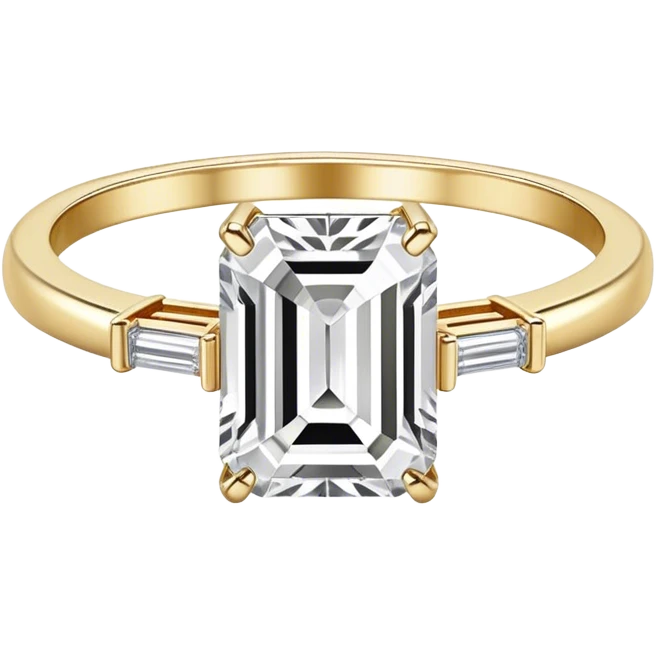 Single emerald cut colorless diamond ring on a small gold band emoji
