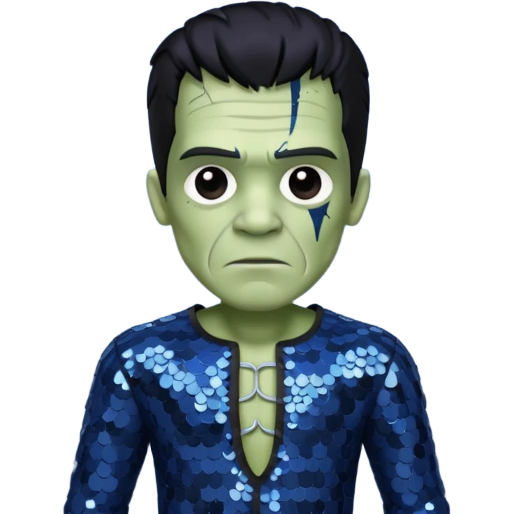 Frankenstein from Van Helsing with black hair, grey skin dark blue sequin outfit emoji