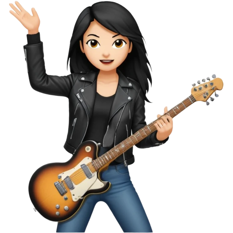 Young woman – standing on stage, leather jacket, playing electric guitar, energetic pose emoji