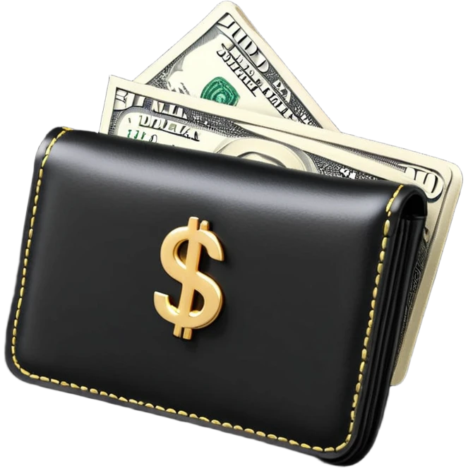 Rich emoji style black leather wallet with dollar bills, luxury money vibe, premium 3D emoji, ultra clean, high detail, no background
 emoji