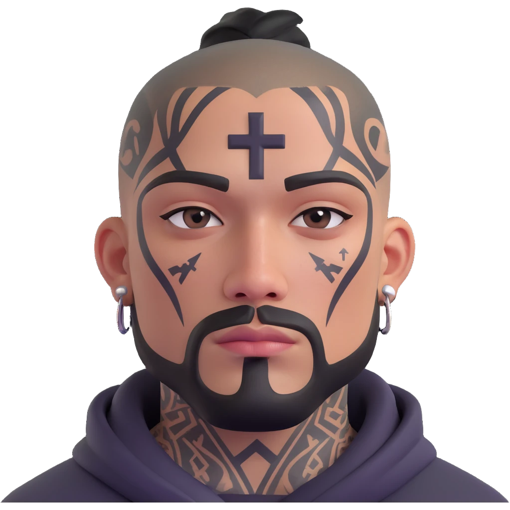 urban gangster with teardrop and cross face tattoos, mean look, street style emoji