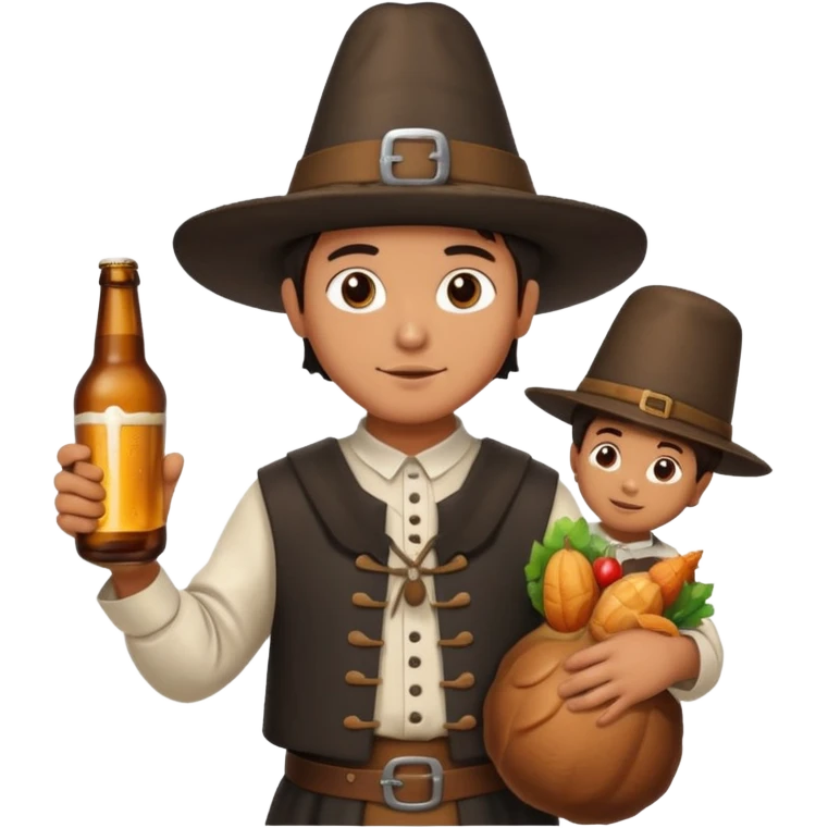 Mexican mandressesd as  pilgram Thanksgiving holding a Turkey drumstick and a bottle beer emoji