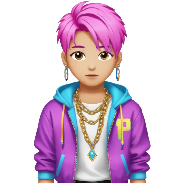 portrait of young idol in Kpop style, wearing flashy streetwear outfit, colorful dyed hair, confident pose, accessorized with chains  emoji
