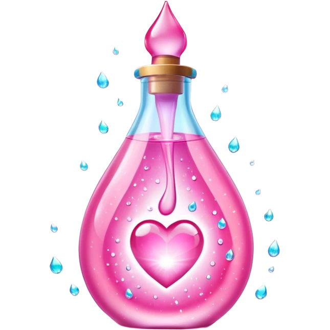 Pink teardrop-shaped glass bottle with rounded pump, glowing with iridescent light. Surrounded by sparkling dew drops, soft heart-shaped flares, and floating. Emits a radiant pink aura that glows like sunrise on skin. Feels like a glamour spell bottled into a juicy, glossy emoji flask. emoji