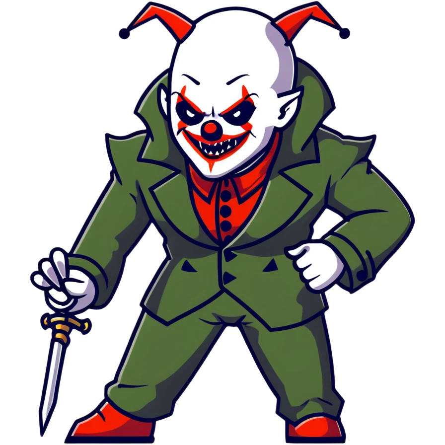 evil clown warrior, bald, small black satan-like horns on forehead, fangs, pointed ears, eye patch over one eye, long coat over black and military green leisure suit with bellbottom pants, realistically proportioned, less bulky, full body, battle-ready fighting posture emoji