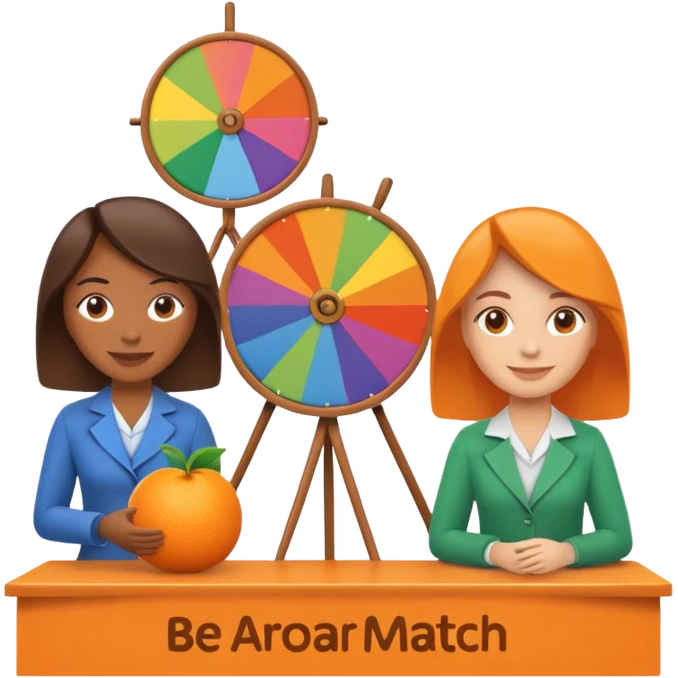 emoji of a recruitment booth. Two cartoon figures stand behind an orange table with 'MARROW, be a match' branding, a colorful spinning wheel, and a branded vertical banner. Simplified and cute. There should not be fruit in the picture.  emoji