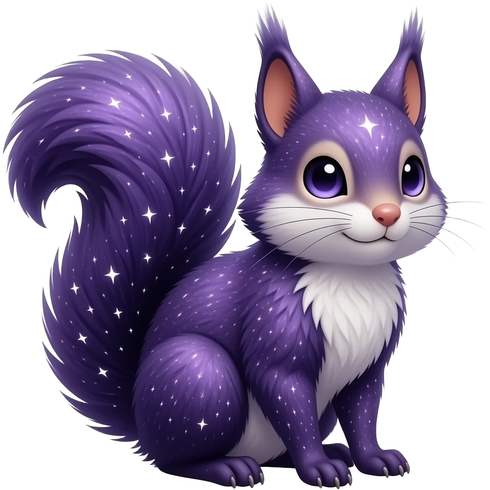 Hyper realistic midnight-violet velvet fur soaked in starlight glitter and shadow gradients beautiful elegant cute Fakémon-Pokémon-squirrel-fox-mouse-rat-chinchilla-Furret emoji