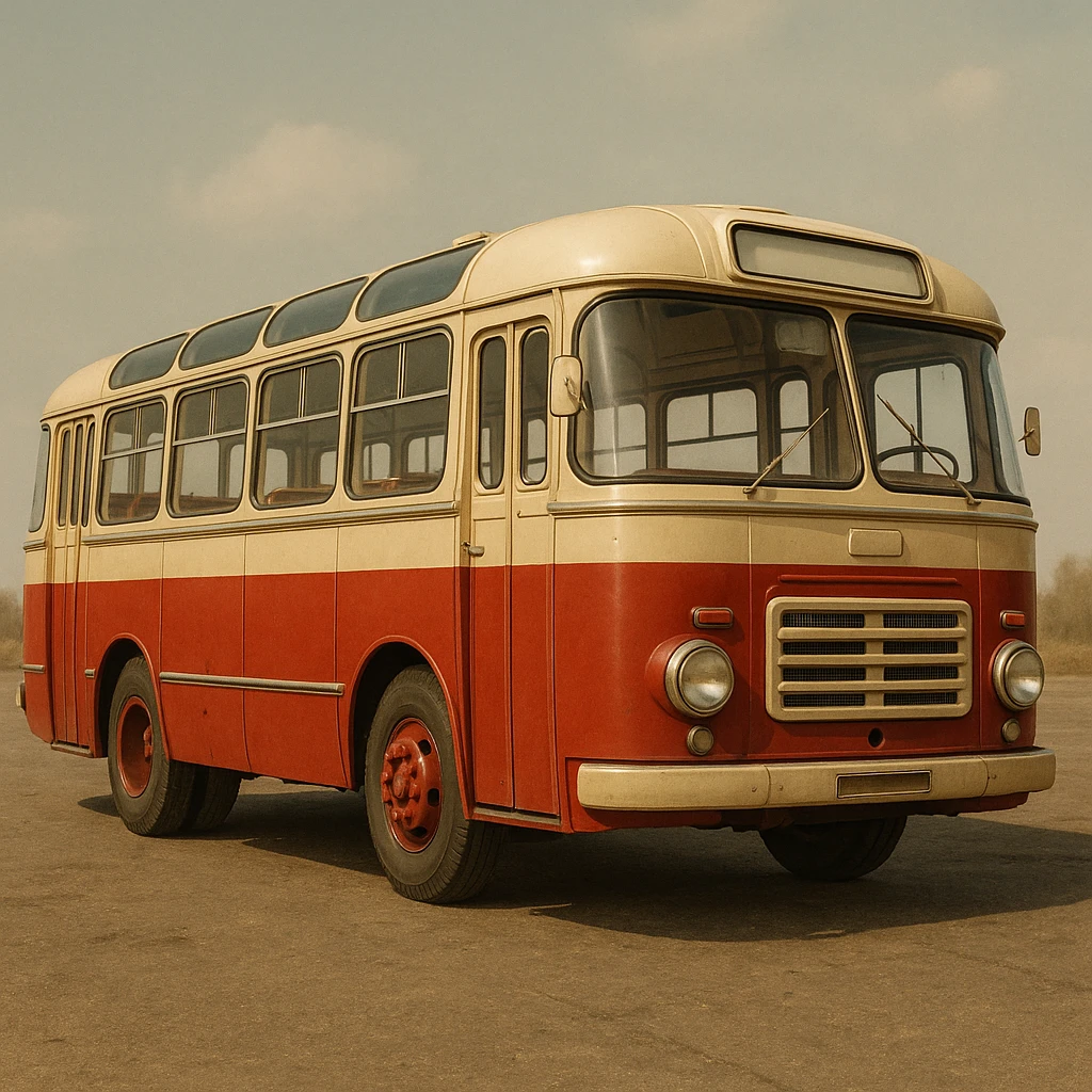 Soviet-era bus, red and cream, vintage USSR style, detailed retro public transport vehicle emoji