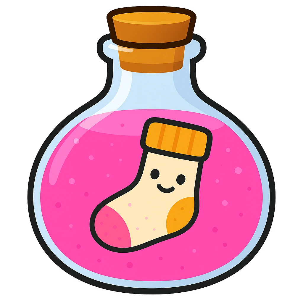 Create a pink potion in the same bottle shape as the reference image, with a sock inside, in emoji style. emoji