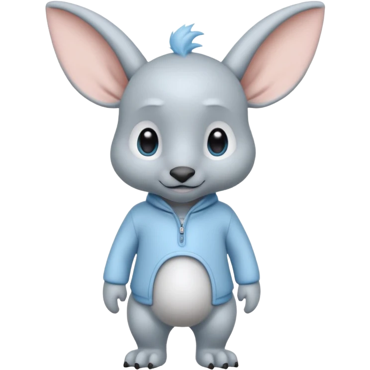 full body ...it has 1 eye....stands upright and looks intelligent ...wears clothing. is light grey and light blue..looks happy and cuddly... doesnt have eyes on face,remove the 2 eyes on face. . there is a appendage coming from top of head with a single large e emoji
