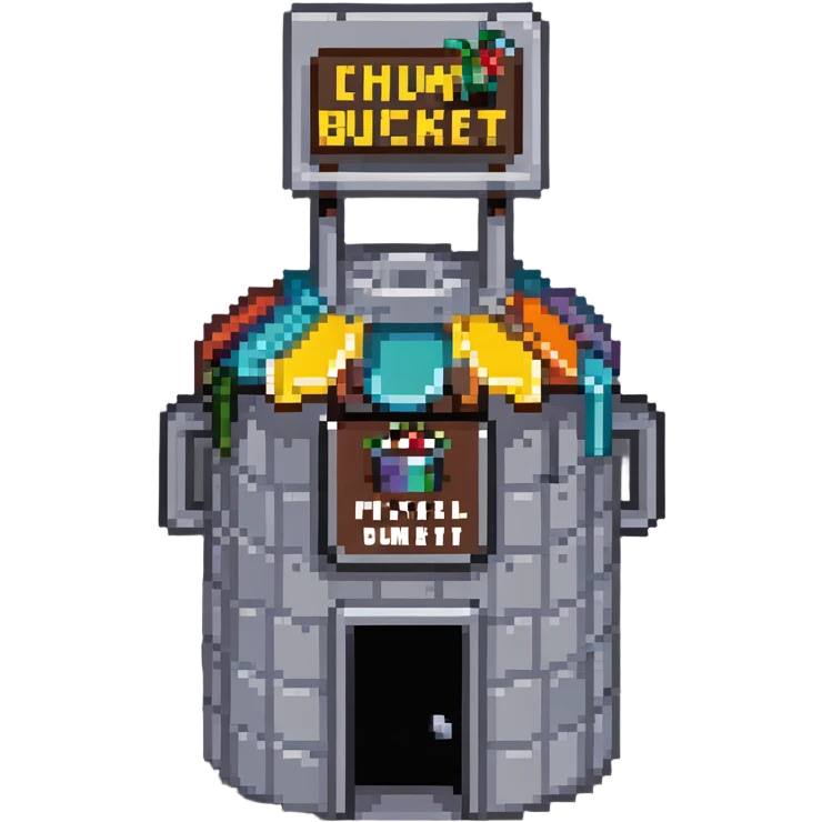 Chum Bucket restaurant from SpongeBob, gray bucket-shaped building with a sign emoji