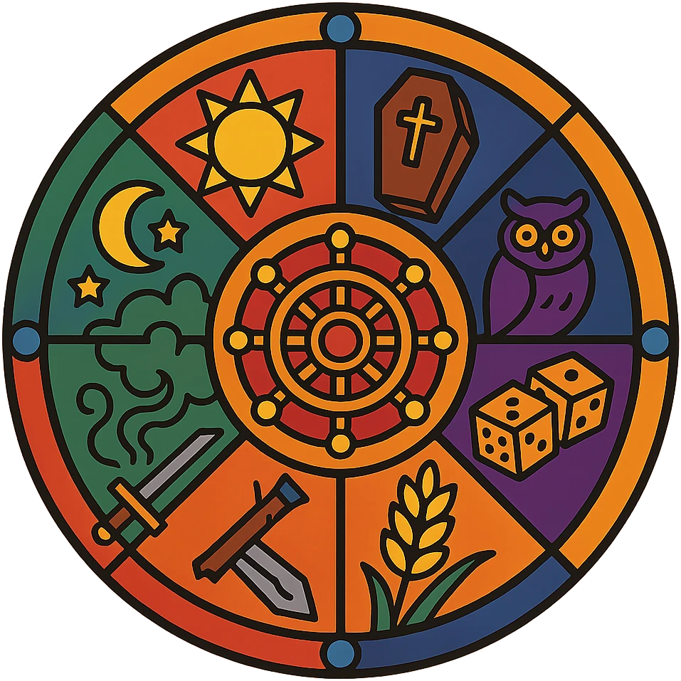 an ornate wheel with eight sections, each with a symbolic image: life represented by the sun, death represented by a coffin, darkness represented by an owl, plague represented by green mist, war represented by a broken sword, hunger represented by wheat, dreams represented by moon and stars, destiny represented by fate dice; detailed and fantasy-inspired style emoji