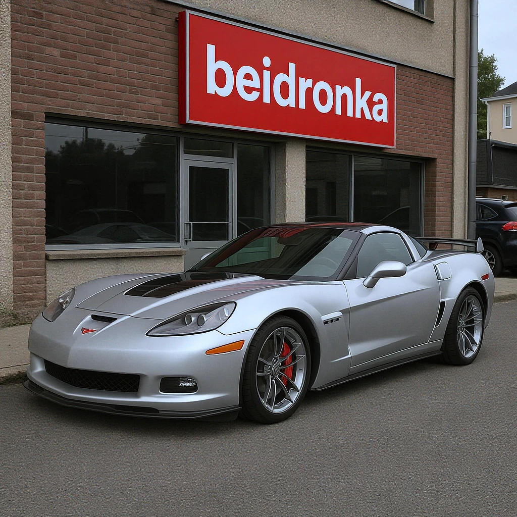 Photo of a Corvette Z06 silver parked next to polish shop "biedronka" emoji