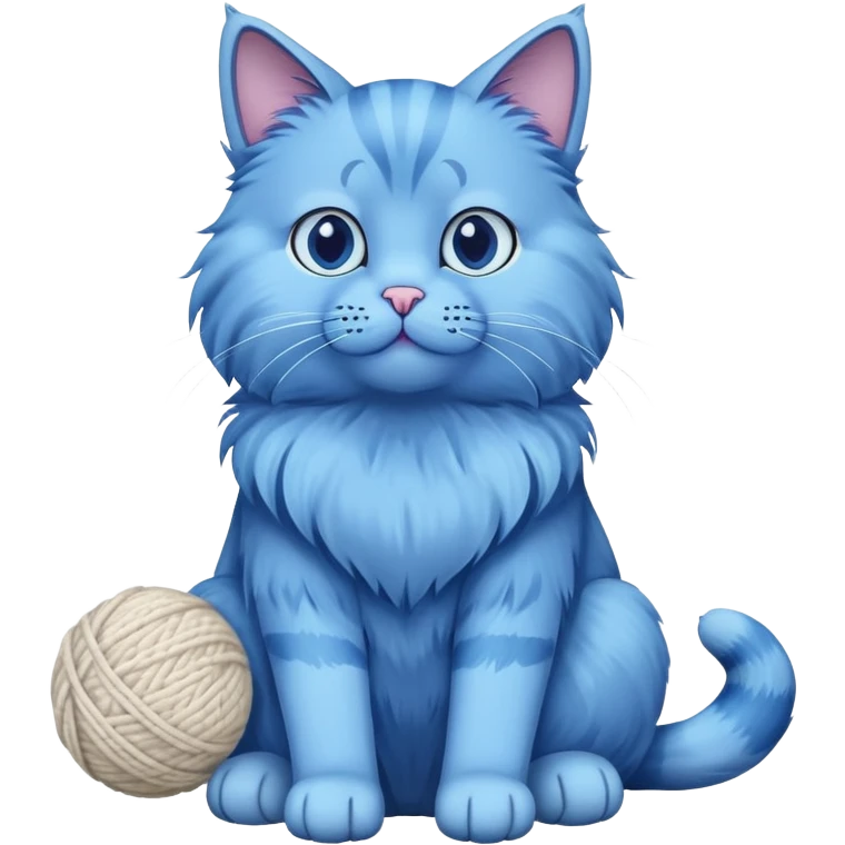blue cat full body sitting with a wool ball emoji