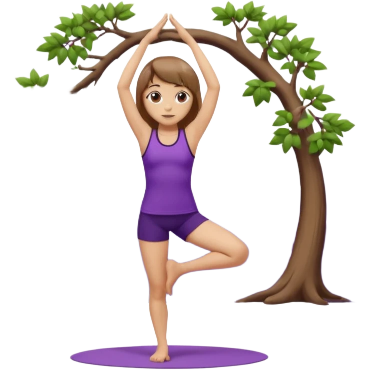 Девушка с короткими волосами до плеч русого цвета, пробор по посередине головы есть чёлка, с черными бровями, карие глаза, у неё фиолетовый спортивный костюм с майкой и шортами, она занимается йогой в позе дерева emoji