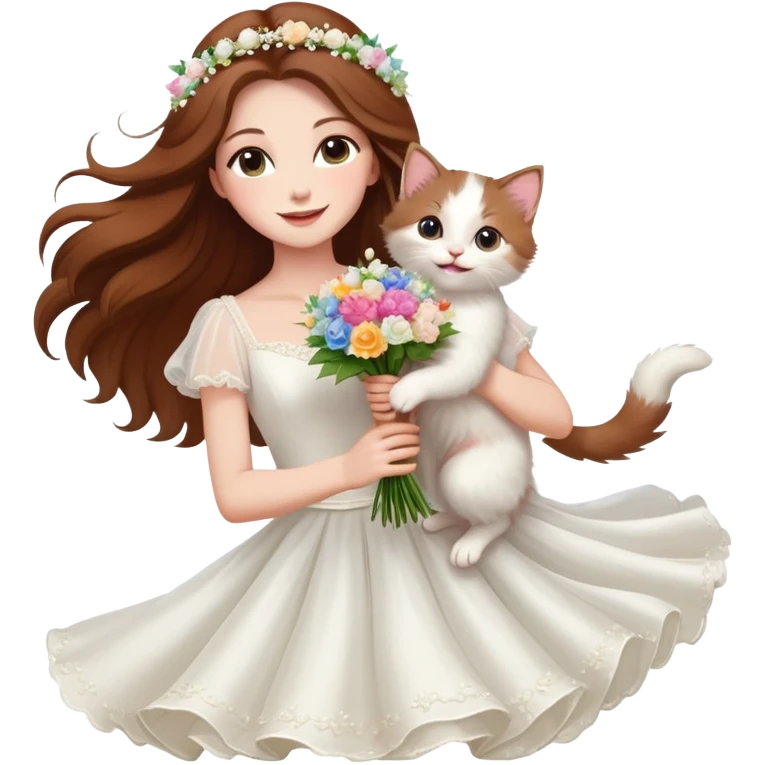 White woman - long hair - white wedding dress - holding a kitten - happy - jumping - fashionable - elegant - bouquet - dreamy - colorful - pearl accessories emoji