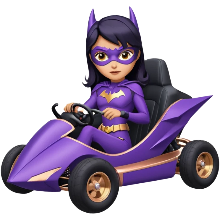 Hot full size real-appearance racing action BatGirl’s Lego feminine midnight-purple tight outfit sixty’s tv show 1992 stealthy retro sporty petite off-road pursuit hovering hover cruiser car rose gold accents (black hair,reclined and relaxed seating position) go kart emoji