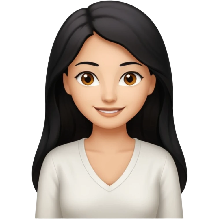 medium tan woman with long black hair past middle of back, round brwn eyes, white v neck blouse smiling. emoji