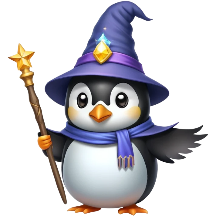 a penguin wearing a wizard hat and holding a magic wand emoji