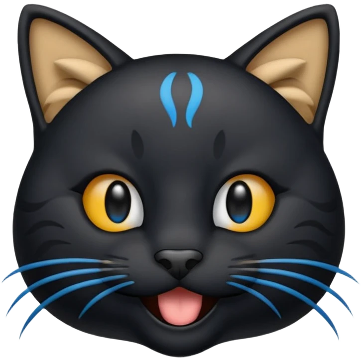 Un emoji de una cara de gato negro riendo a carcajadas, con lágrimas azules brotando de sus ojos cerrados y una boca abierta y sonriente, en el estilo de diseño de emoji clásico. emoji