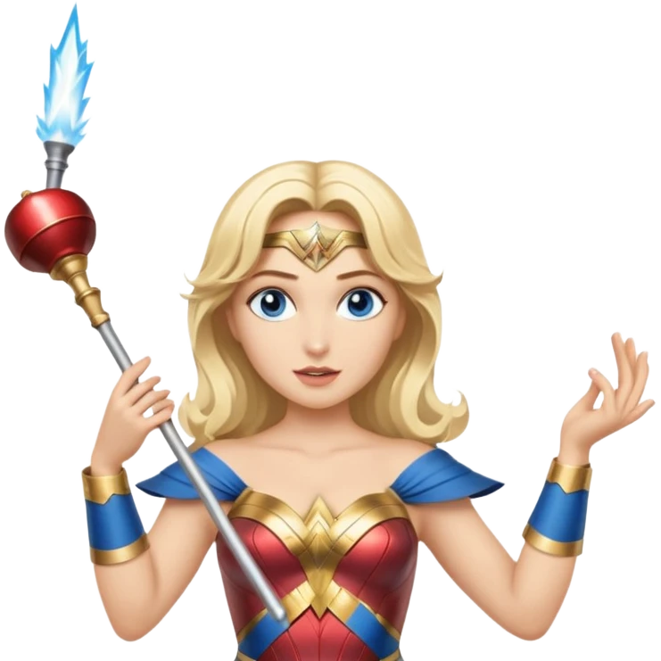 Blonde blue eyed Wonder Woman holding white orchestra conductor’s baton and bell emoji