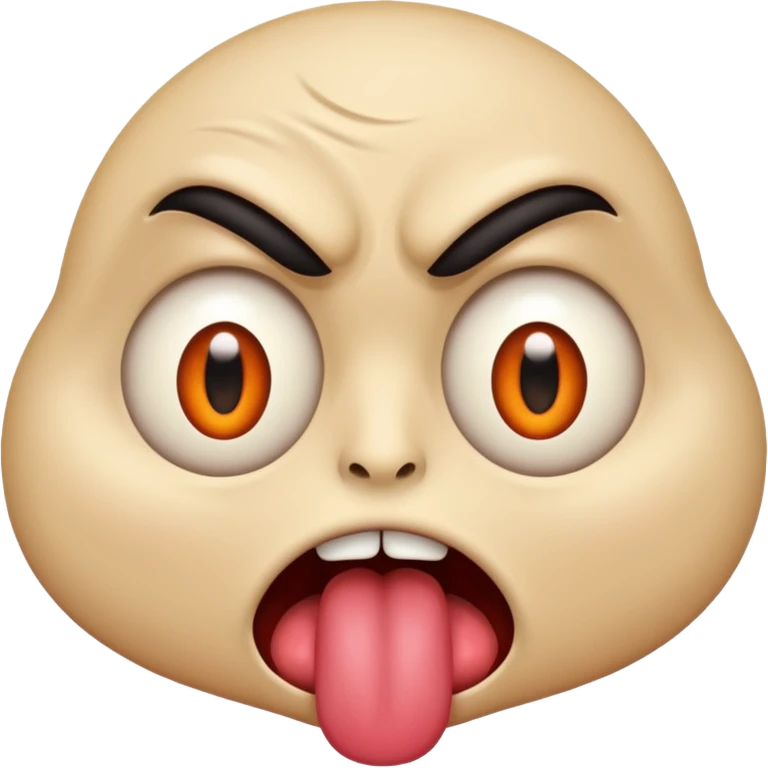 A face emoji with its tounge out but the eyes are evil and kind of crazy and the eyebrows are turned I emoji