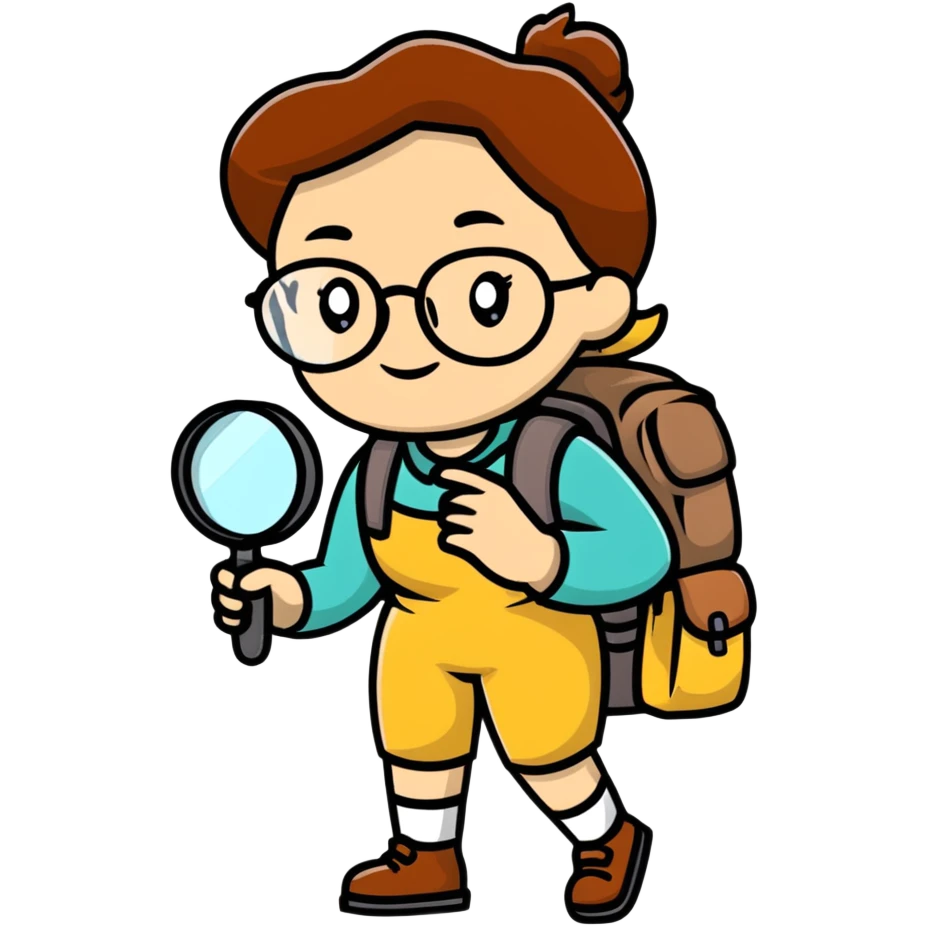 Cheerful woman explorer with glasses and backpack, holding a single magnifying glass in her hand emoji