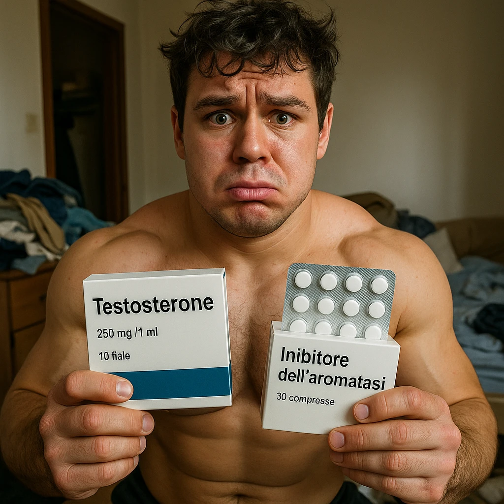 muscular young man with puffy face holding a box labeled 'Testosterone' and a pill package labeled 'Inibitore dell'aromatasi', all text in Italian, worried expression, realistic details, messy room background, 4K quality emoji