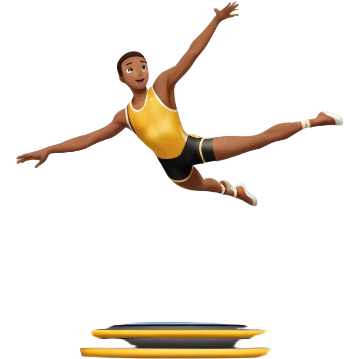 An athletic person soaring high above a trampoline, executing an acrobatic flip with perfect form. The scene captures motion and energy, with a dynamic pose, stretched limbs, and a focused expression. The background suggests a professional trampoline arena with safety padding. emoji