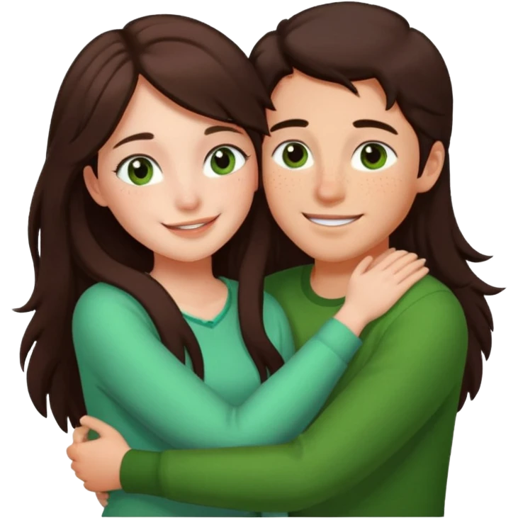 Girl and boy couple Both peach skin and darkish brown hair, give girl freckles HUGgING EMOJI, and give only the girl long hair and green brown eyes too emoji