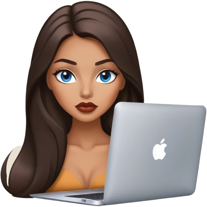 Glamours tanned very beautiful girl with big pump lips and dark chocolate straight smooth long hair, blue-grey eyes with MacBook emoji
