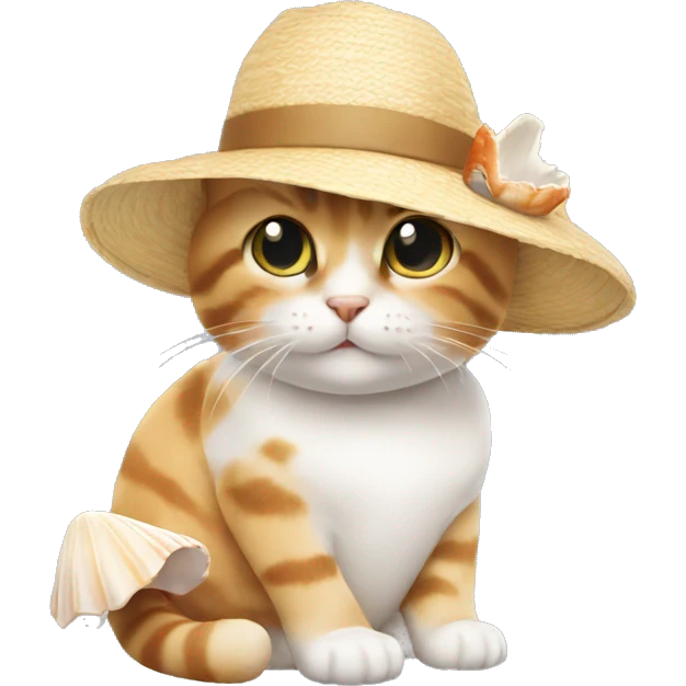 A cat holding a seashell in its hand and wearing a sun hat  emoji