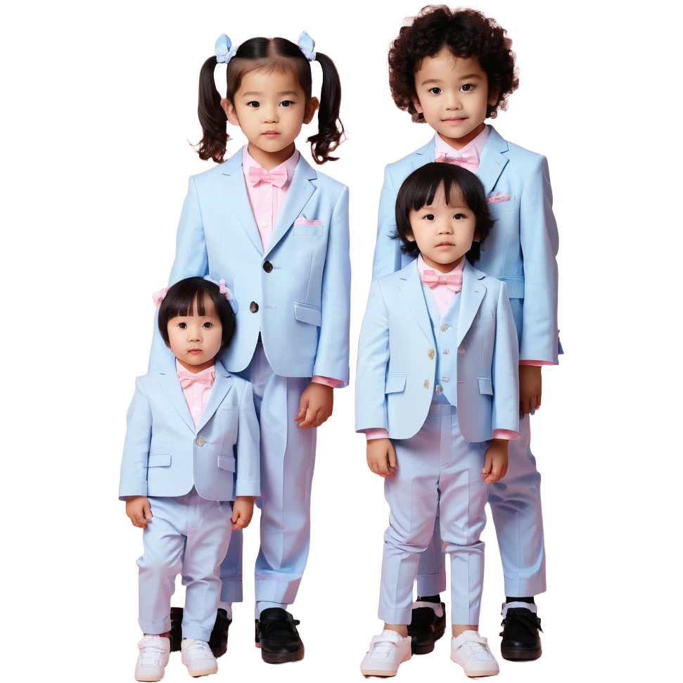 triplet toddlers with two girls in pastel pink clothes on each side and a boy in pastel blue suit in the middle emoji