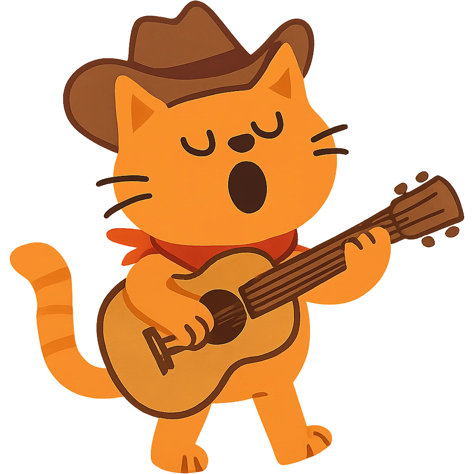 flat toon Yodeling orange cowboy cat strumming an acoustic guitar  emoji