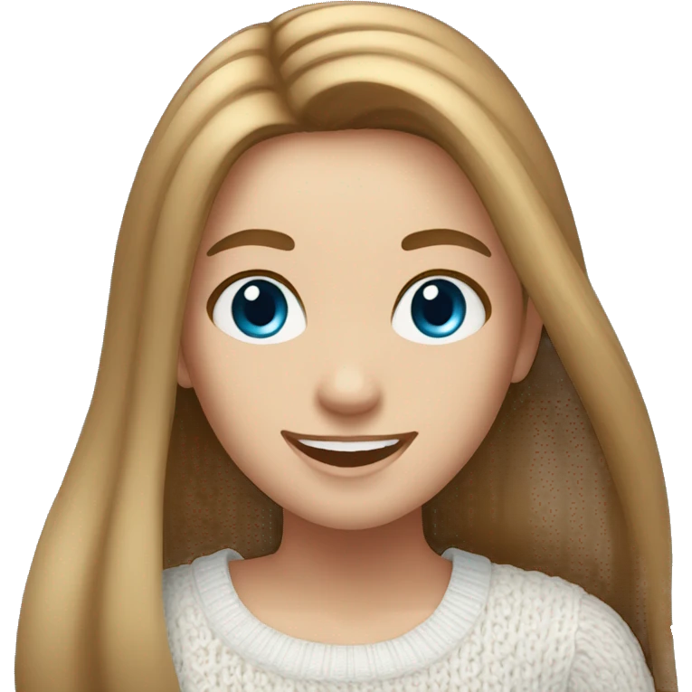  girl with long straight light-brown hair, blue eyes, wearing a white knitted top, ((cheerful, laugh)) emoji