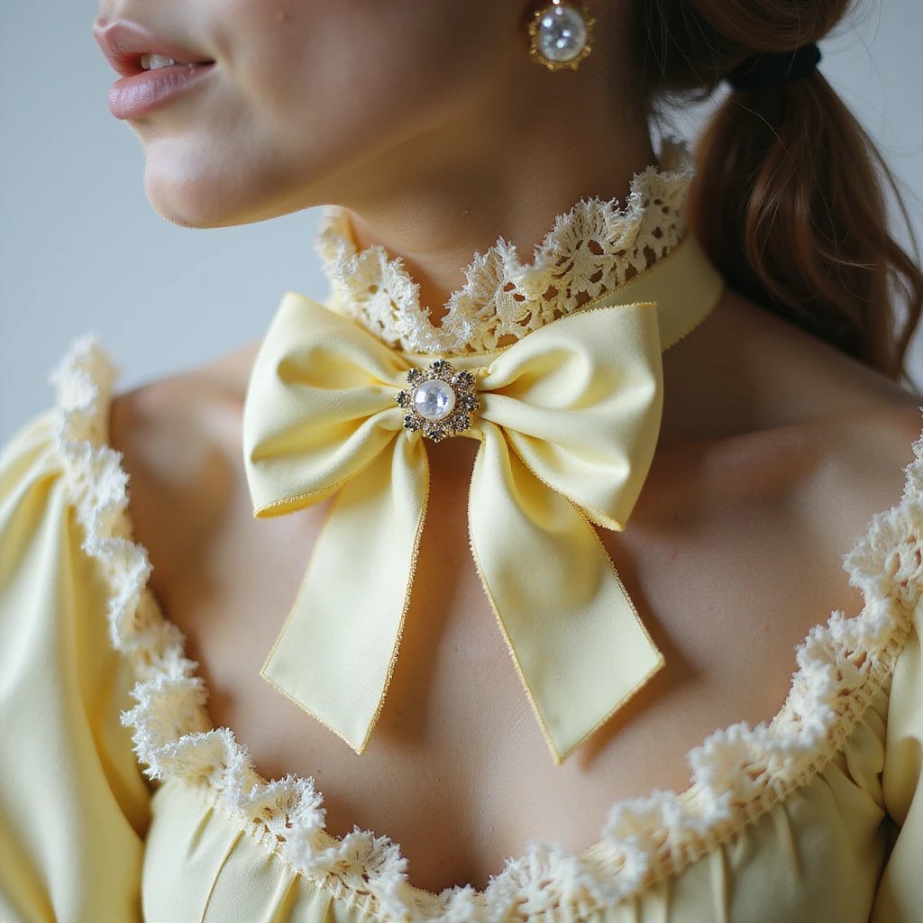 pastel yellow gothic bow and matching accessories including choker, hair clip, brooch, ring with lace and velvet details, photorealistic style, transparent background, variation 3 emoji