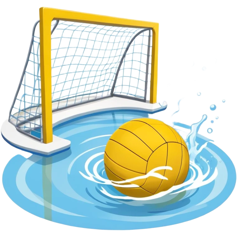 An icon featuring a yellow water polo ball floating on the water with goals in the background, inside a swimming pool. The design includes splashes and ripples, symbolizing the fast-paced action and strategy of water polo. Transparent background highlights. emoji