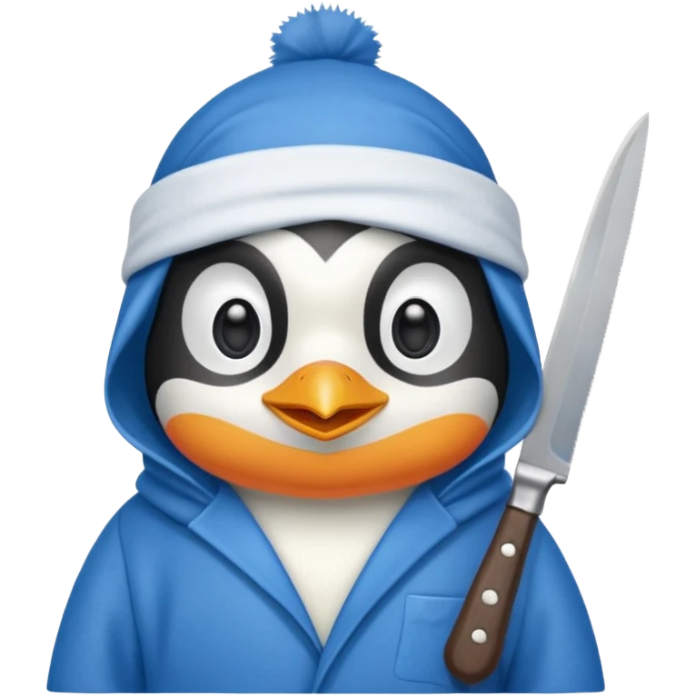Cute and little penguin wearing a blue cloth in his head and holding a  knife  emoji