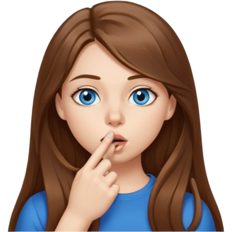 a girl with long hair, blue eyes telling to be quiet with the finger near her mouth emoji