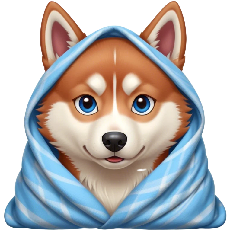 cute, disney-style red siberian husky with blue eyes, wrapped in a blanket emoji