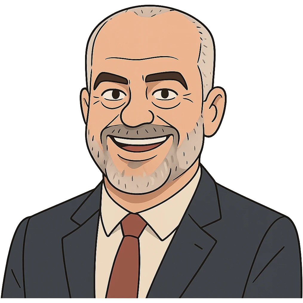 Edi Rama, smiling, realistic cartoon style portrait, focus on his distinctive features, clean background emoji