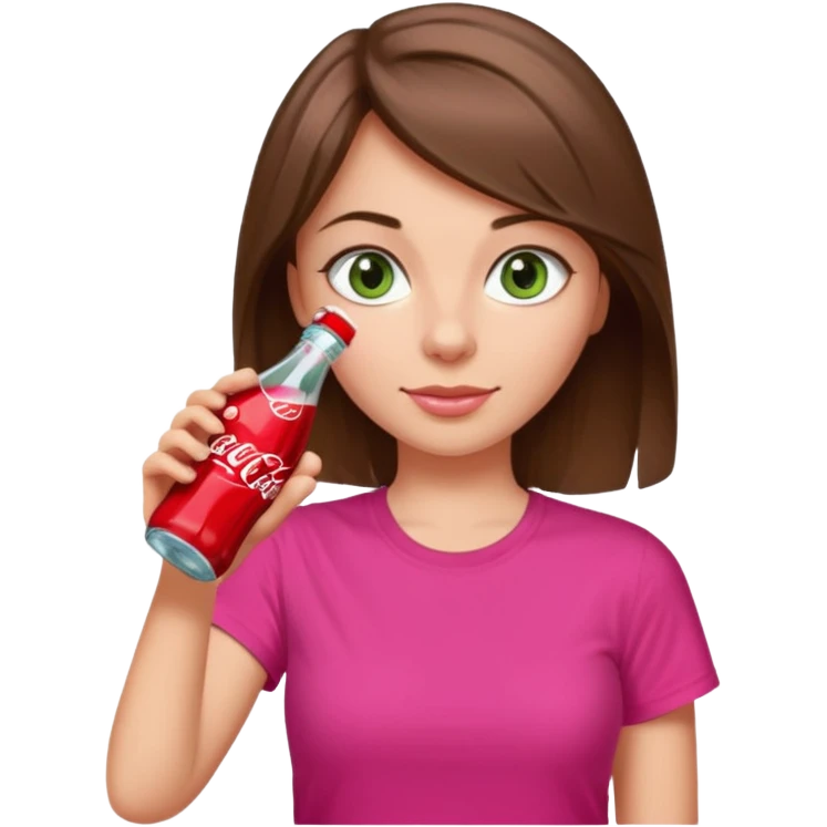 a girl with brown hair and greyish-green eyes wearing a hot pink tshirt, drinking a bottle of coca cola emoji