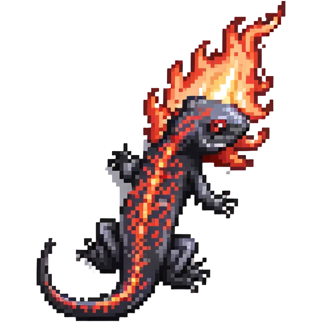 Black salamander with bright red flame-like patterns on its scales, fiery design emoji