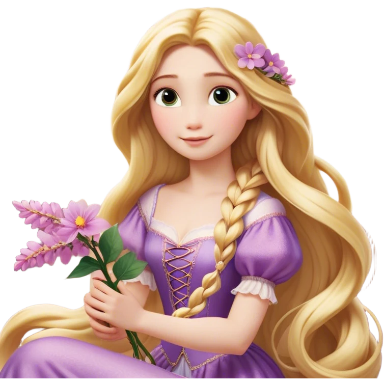 Cinematic Realistic Rapunzel Portrait, with porcelain-like skin featuring a subtle, natural glow, illuminated by soft lighting that brings out the gentle contours of her face. Her long, golden blonde hair cascades in detailed waves, each strand highlighted with a radiant shimmer as it catches the light. She playfully holds a flower in one hand, her other hand resting casually in her lap, with a warm and spirited expression. Her bright, expressive green eyes exude curiosity and warmth, framed by delicate lashes and soft, arched brows. She is dressed in her classic lavender and pink gown, the fabric textured with delicate folds that flow naturally, catching the light with a soft, radiant glow. The portrait captures a luminous, enchanting aura, seamlessly blending realism with a whimsical, fairytale charm, evoking a timeless sense of beauty and magic. emoji