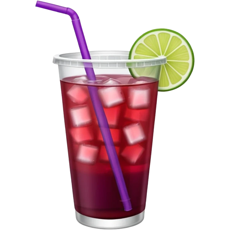 maroon purple cocktail with a lime wedge in the drink in a plastic cup with lid and straw

 emoji